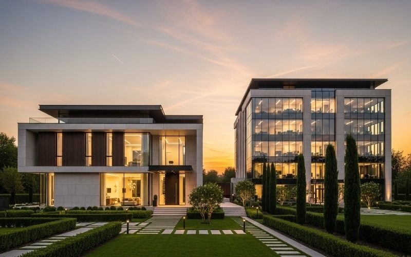 High-quality 3D Architectural Rendering Services for Homes and Commercial Projects showcasing a modern luxury residence and a contemporary glass-front commercial building at sunset.