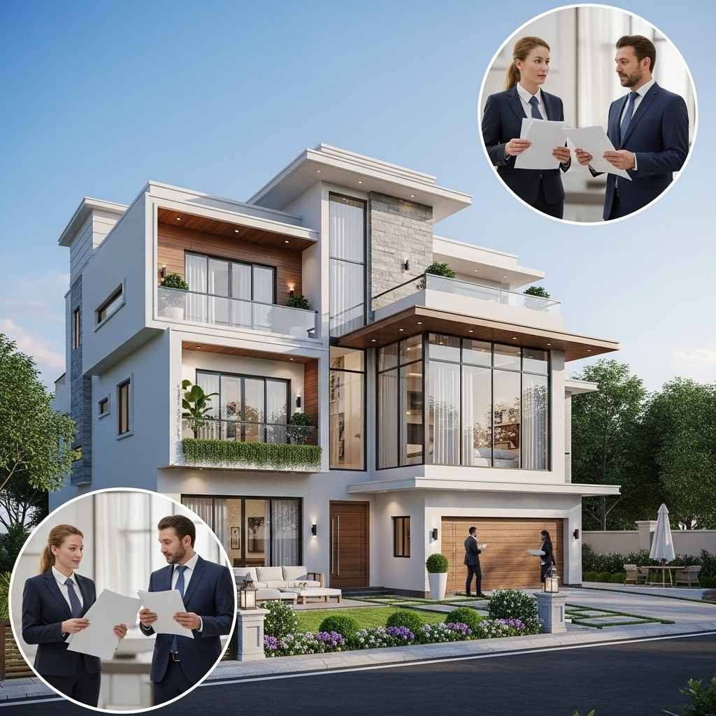 3D-visualization-of-a-luxurious-2-kanal-modern-house-in-Multan-with-architects-reviewing-plans,-showing-professional-architectural-design-and-planning-support.