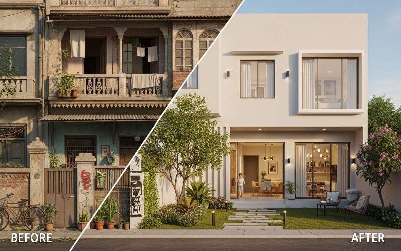 Affordable Extension and Remodeling Architect in Pakistan transforming an old residential building into a modern, spacious home with a contemporary exterior design.