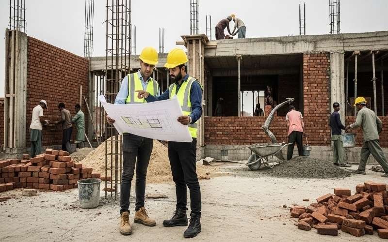 Engineers reviewing construction drawings on-site, showcasing Best Construction Supervision And Site Management in Lahore with active workers and brick structure in progress.