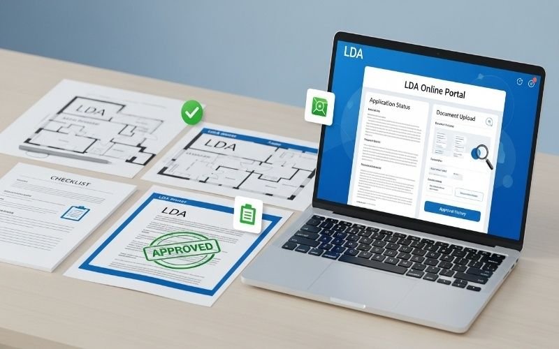 Building Plan Approval and Legal Documentation in Lahore showing approved architectural drawings, checklist papers, and an online LDA portal displayed on a laptop for submission and verification.
