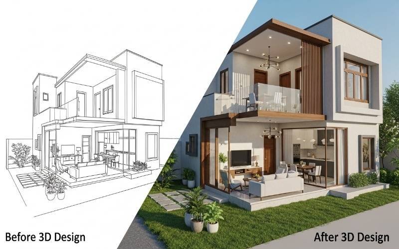 Before and after comparison of a modern house, showcasing sketch drawing and final render created with Professional 3D Architectural Design Services in Lahore.