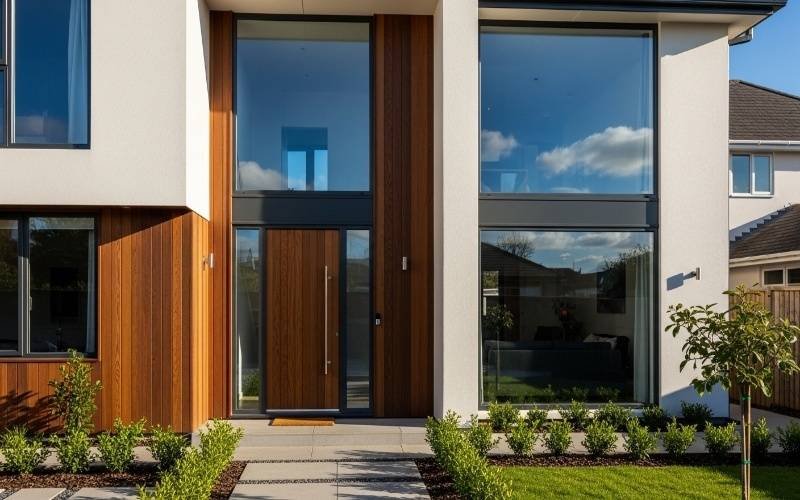 Modern home exterior with wood panel accents and large glass windows, designed through Affordable Renovation Architect Services.