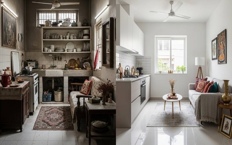 Affordable Extension and Remodeling Architect in Pakistan redesigning an old, compact kitchen and living space into a modern, bright, and functional interior.