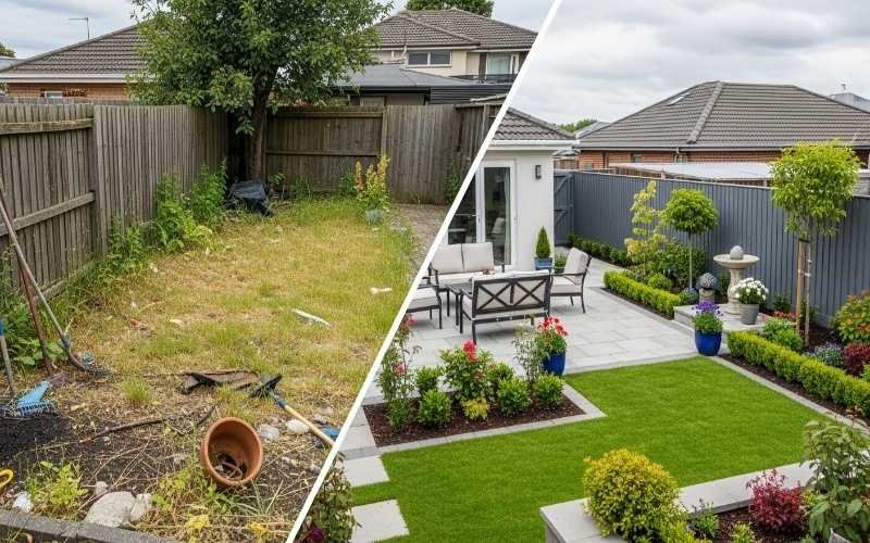 Backyard transformation from an overgrown yard to a modern landscaped garden by a Trusted Landscape Architect for Homes.
