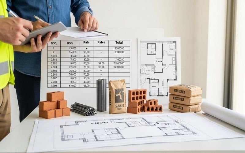 Cost Estimation and BOQ Services in Lahore showing construction professionals reviewing building plans, BOQ sheets, and construction materials including bricks, cement bags, and steel bars on a work table.