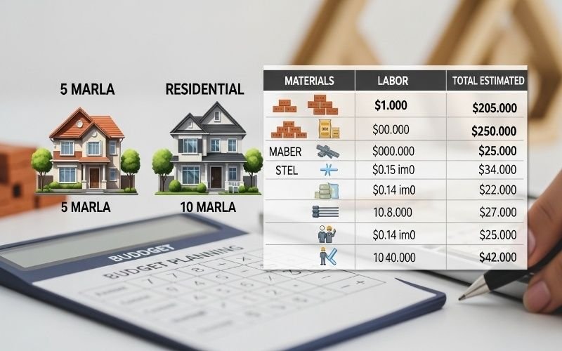 Comparison of 5 marla and 10 marla houses with detailed materials, labor, and total cost breakdown showing Cost Estimation and BOQ Services in Lahore.