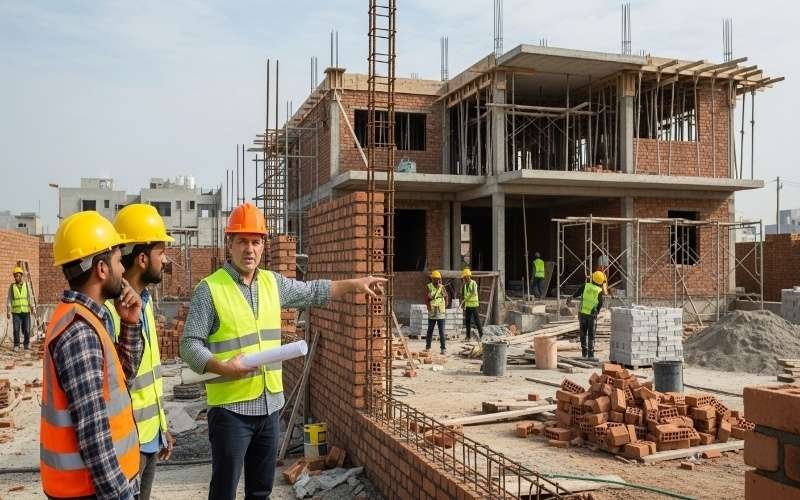 Construction supervisors guiding workers at a building site, demonstrating Best Construction Supervision And Site Management in Lahore with active brickwork and structural development.