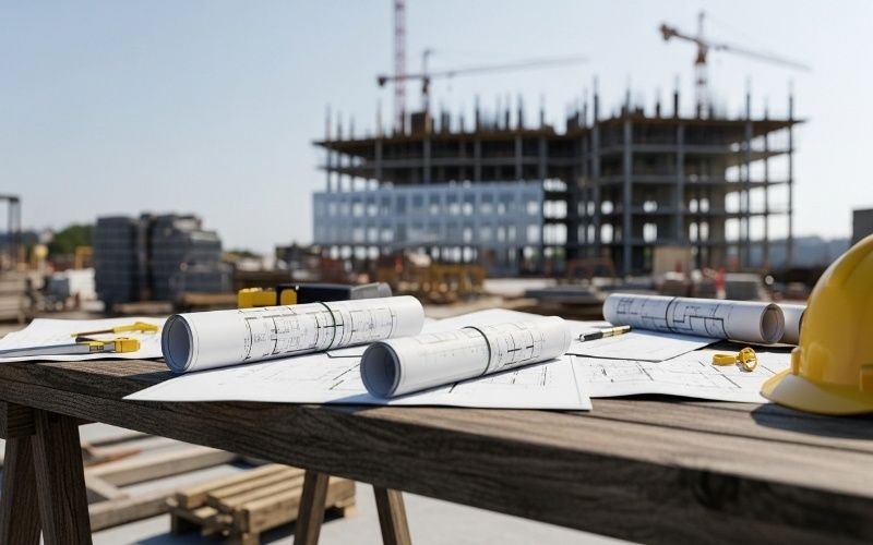 Construction site table with rolled architectural drawings, safety helmet, and tools showcasing Expert Architectural Project Management Services on Budget