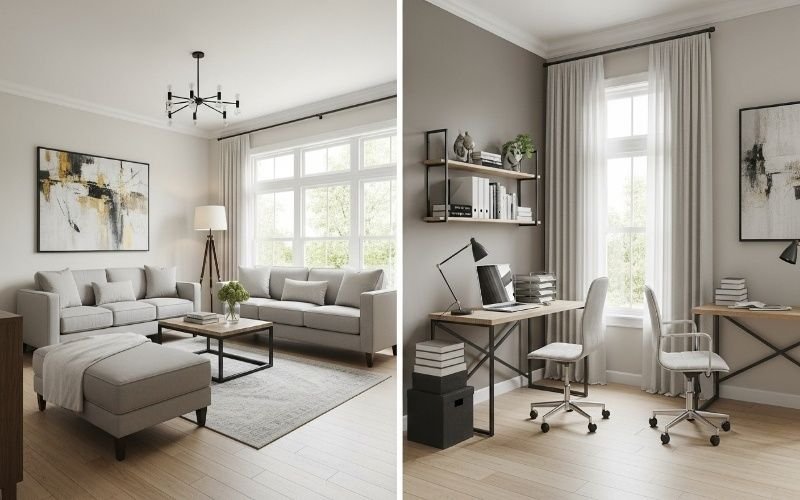 Modern open-plan living room and home office interior designed by an Expert Interior Architect Johar Town Lahore, featuring neutral tones, natural light, contemporary furniture, and functional workspace design.