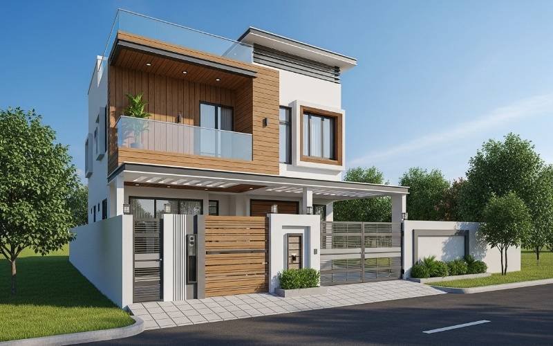 Contemporary two-story house with wooden cladding, glass balcony railing, and modern boundary wall designed through 3D Elevation and Architectural Visualization in Lahore.