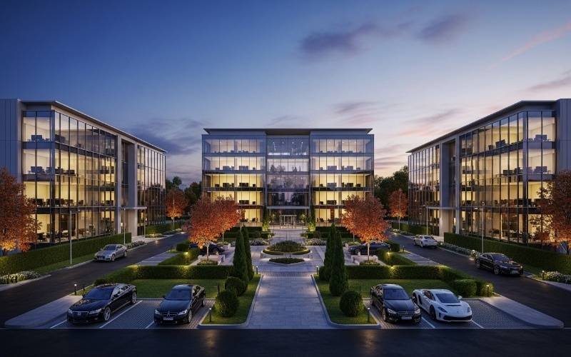 Contemporary office complex visualization created with 3D Architectural Rendering Services for Homes and Commercial Projects, featuring illuminated glass buildings and landscaped central courtyard at dusk.