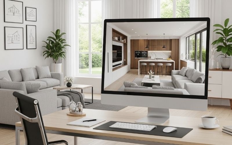 Interior renovation planning displayed on a computer screen in a modern home office, highlighting Affordable Renovation Architect Services.