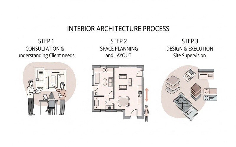 Interior architecture process illustration showing consultation, space planning, and execution by an Expert Interior Architect Johar Town Lahore.