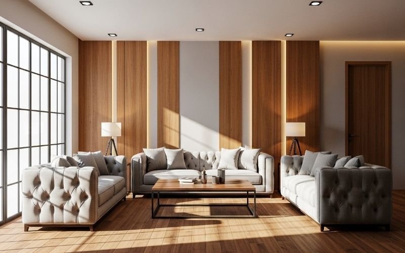 Modern living room interior with tufted sofas, wooden wall panels, large glass windows, and warm lighting designed through 3D Elevation and Architectural Visualization in Lahore.
