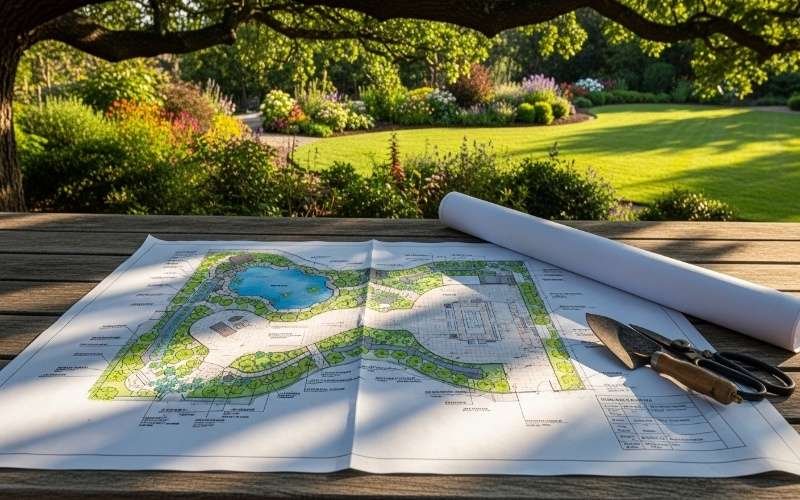 Detailed garden design blueprint on a wooden table overlooking a lush landscaped yard by a Trusted Landscape Architect for Homes.