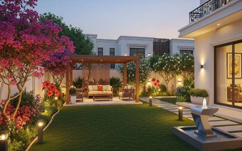 Luxury Landscape and Outdoor Design in Lahore featuring a modern garden with a wooden pergola seating area, manicured lawn, flowering trees, ambient pathway lighting, and a contemporary water fountain at dusk.