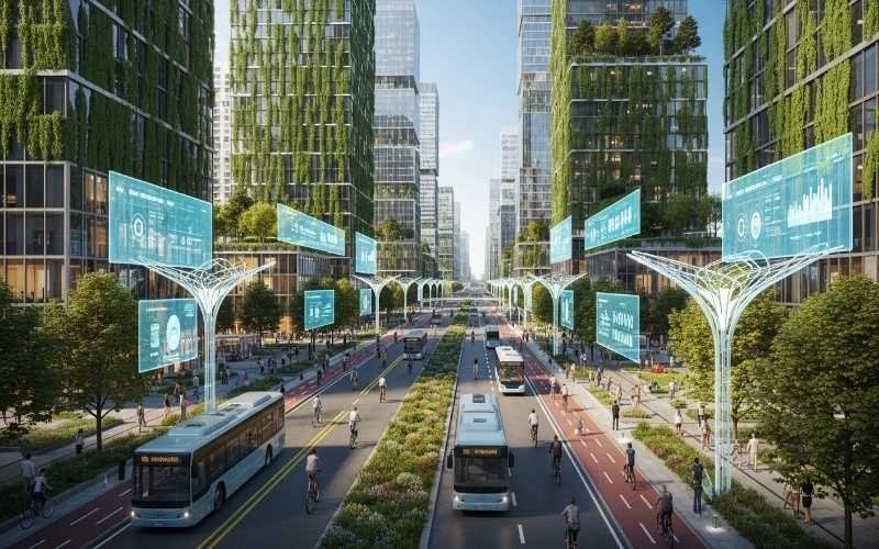 Smart eco-friendly city street with green buildings and digital infrastructure designed by a Leading Urban Planning and Design Architect.