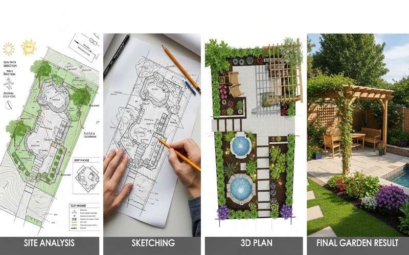 Four-stage garden design process including site analysis, sketching, 3D plan, and final garden result by a Trusted Landscape Architect for Homes.
