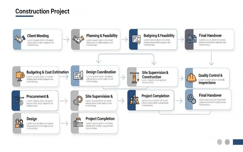 Construction project workflow diagram illustrating planning, budgeting, design, supervision, and handover for Expert Architectural Project Management Services on Budget