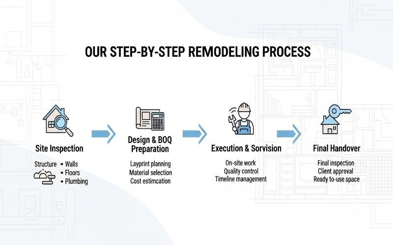 Step-by-step infographic showing site inspection, design and BOQ preparation, execution, and final handover under Renovation and Remodeling Services in Lahore.