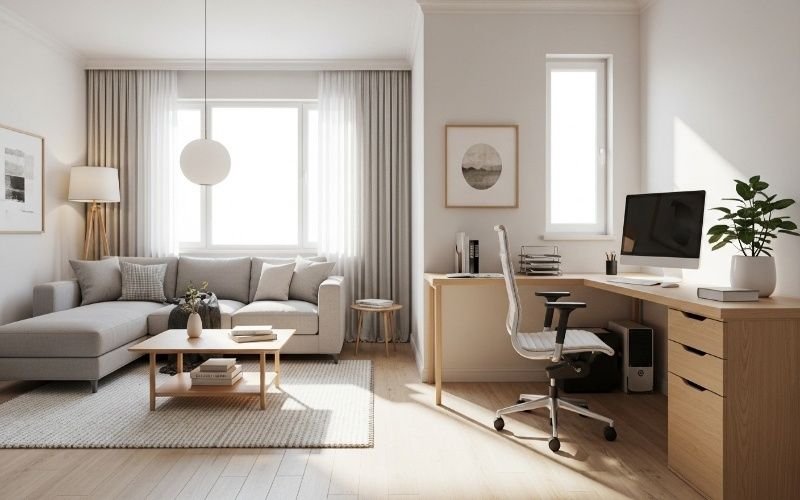 Modern minimalist living room and home office interior created with Professional 3D Architectural Design Services in Lahore, featuring neutral tones, natural light, and functional furniture layout.