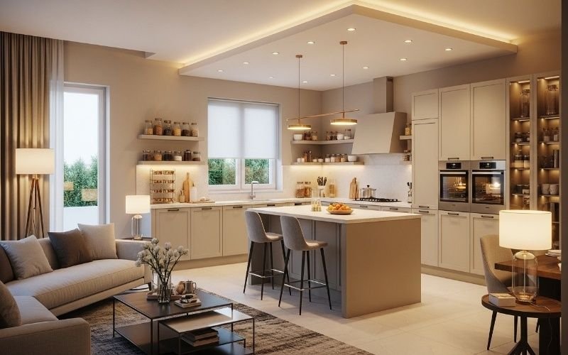 Modern open kitchen and living area with warm lighting and elegant finishes by Interior Design Services in Lahore.