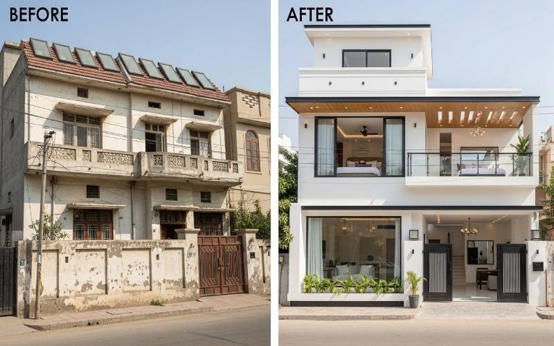 Before and after home renovation in Lahore showing exterior transformation through Trusted Architectural Consultation Near Me services