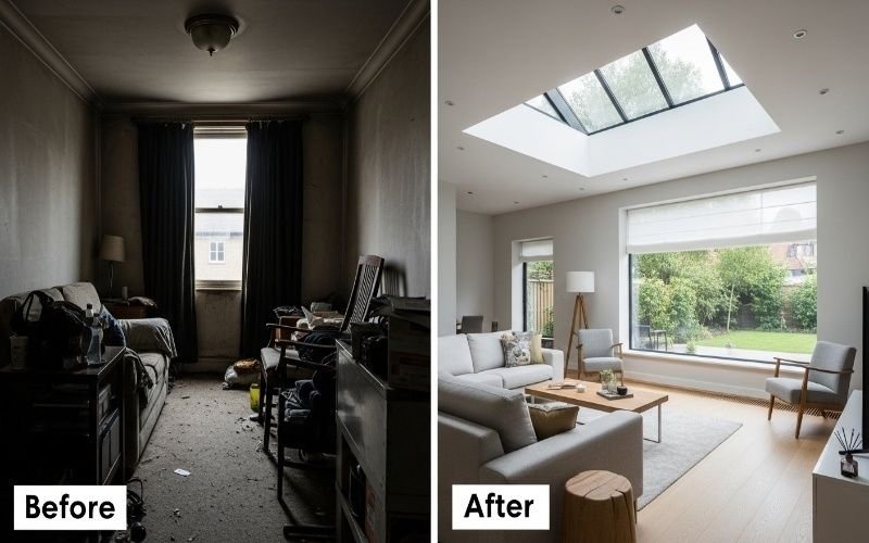 Before and after living room renovation showing dark, cluttered space transformed into a bright modern interior, representing Trusted Architectural Consultation Near Me.
