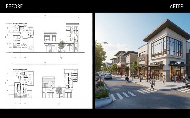 Before and after comparison highlighting 3D Architectural Rendering Services for Homes and Commercial Projects, showing technical floor plans transformed into a realistic commercial streetscape rendering.