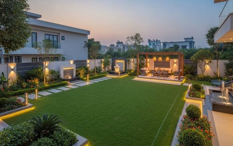 Luxury Landscape and Outdoor Design in Lahore featuring a modern DHA villa garden with manicured lawn, wooden pergola dining area, ambient pathway lighting, and elegant water features at dusk.
