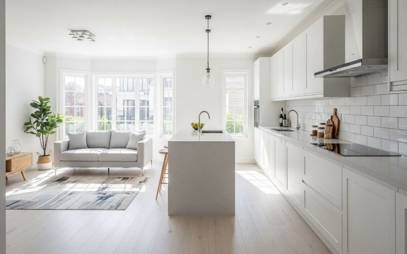 Modern white open-plan kitchen and living area showcasing high-end interior design by Renovation and Remodeling Services in Lahore.