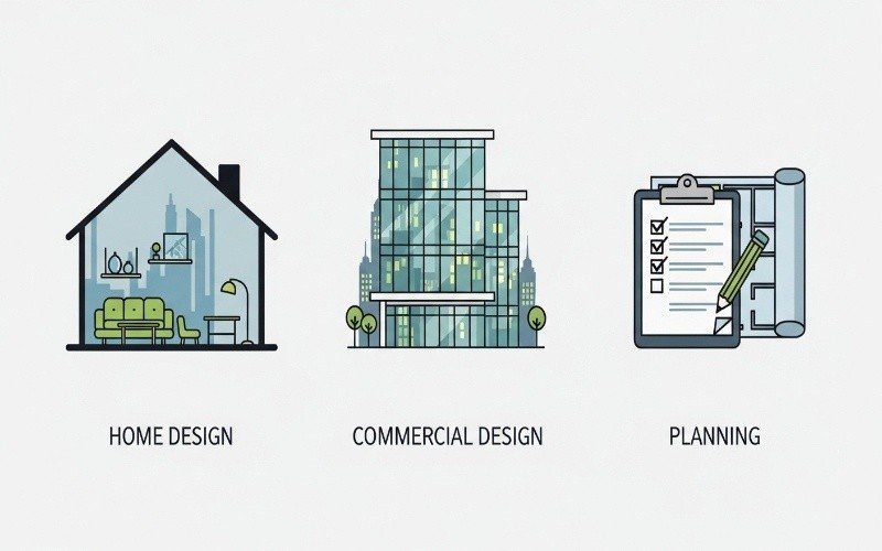 Icons representing home design, commercial design, and architectural planning services by a Top Sustainable Architecture Consultant in Pakistan.