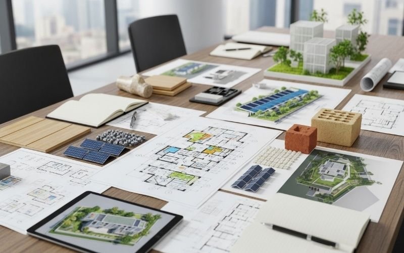 Sustainable architectural planning workspace with eco-friendly materials and solar design concepts by Top Green Building Architect Services in Pakistan.
