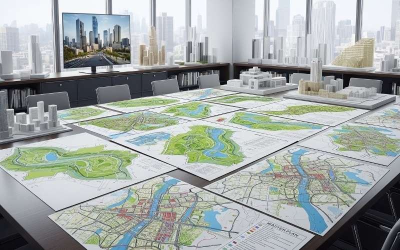 Urban master plan maps and architectural models displayed in a modern office by a Leading Urban Planning and Design Architect.