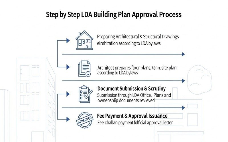 Flowchart illustrating Building Plan Approval and Legal Documentation in Lahore, showing step-by-step LDA building plan approval process including drawings preparation, document submission, and approval issuance.