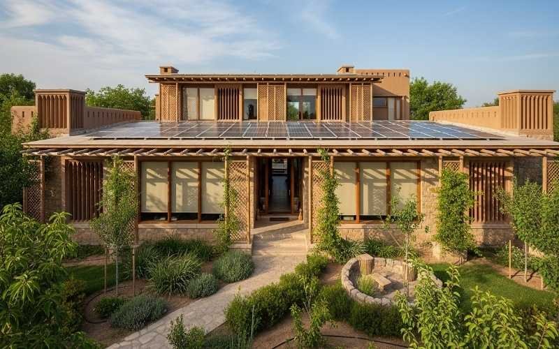 Eco-friendly residential building with solar panels, natural ventilation, and landscaped surroundings designed by Top Green Building Architect Services in Pakistan.