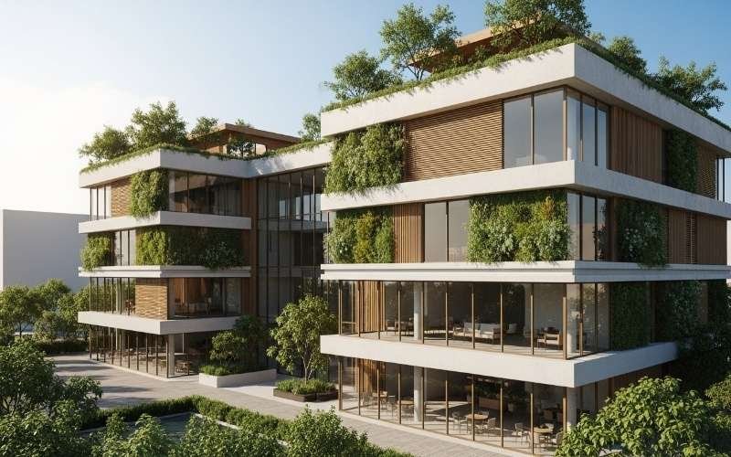 Modern eco-friendly commercial building with green terraces and large glass façades, designed by a Top Sustainable Architecture Consultant in Pakistan for energy-efficient and environmentally responsible development.