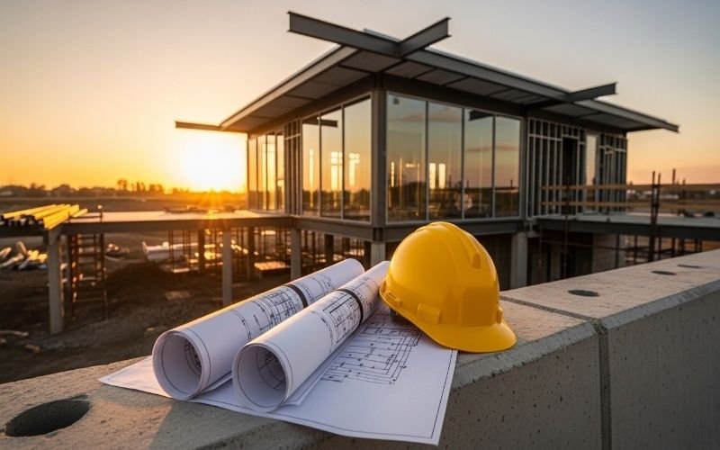 Yellow safety helmet and rolled blueprints placed on a concrete surface at a modern construction site during sunset, showing trusted architectural consultation near me.
