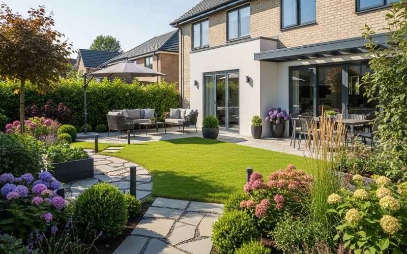 Modern backyard garden with lush green lawn, stone pathway, patio seating, and flowering plants designed by a Trusted Landscape Architect for Homes.