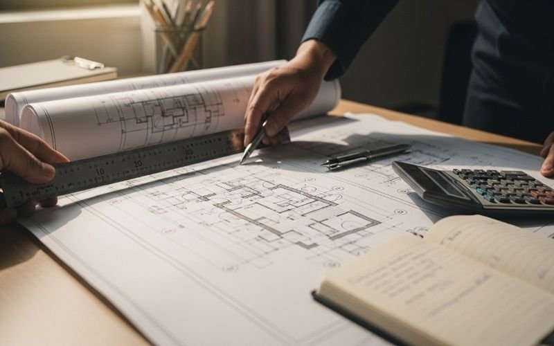 Architect reviewing detailed floor plan with ruler and pen on desk, representing trusted architectural consultation near me.