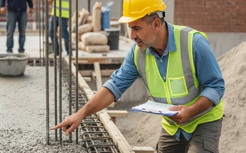 Site engineer inspecting concrete and steel reinforcement, representing Best Construction Supervision And Site Management in Lahore during active construction work.