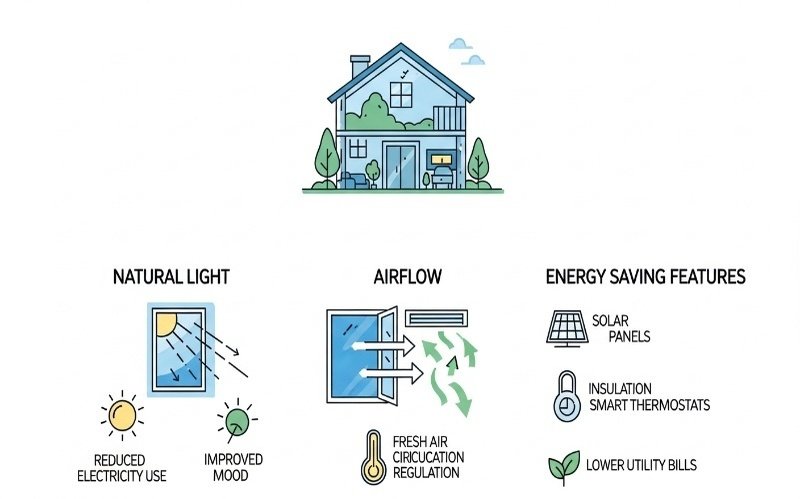 Illustration explaining sustainable home design benefits including natural light, airflow, and energy-saving features, created by a Top Sustainable Architecture Consultant in Pakistan.
