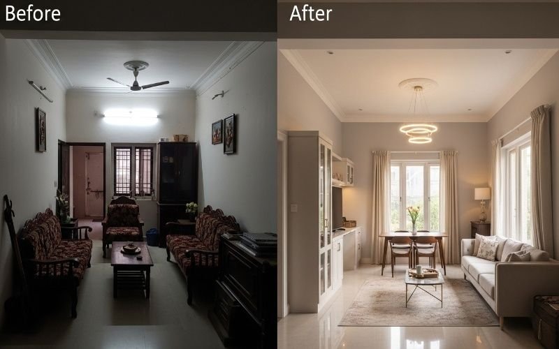 Before and after living room transformation showcasing modern makeover by Interior Design Services in Lahore.