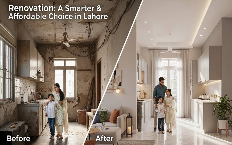 Before and after home transformation showing outdated interior upgraded through Renovation and Remodeling Services in Lahore.