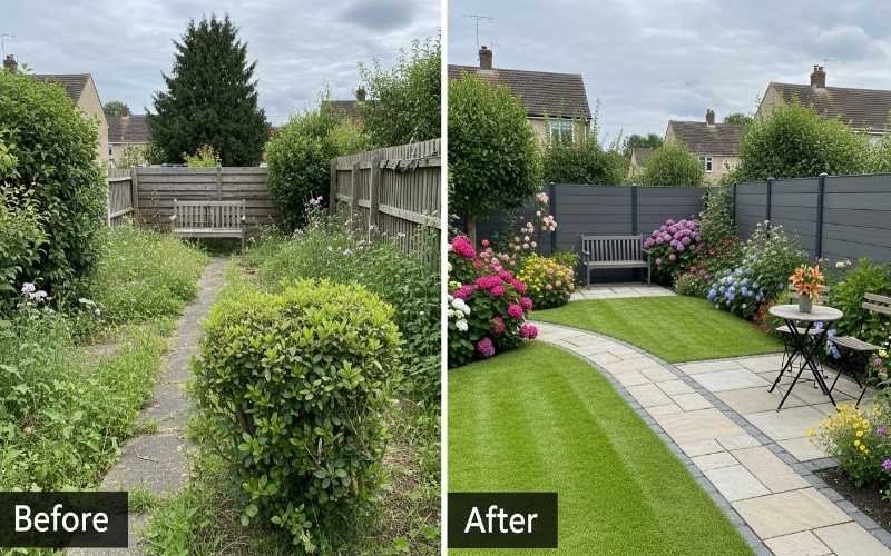 Before and after transformation showcasing Luxury Landscape and Outdoor Design in Lahore with an upgraded lawn, curved stone pathway, modern fencing, vibrant flower beds, and elegant outdoor seating.