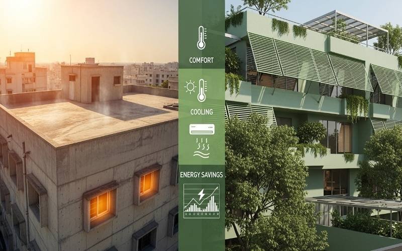 Energy-efficient green building comparison showing passive cooling and sustainable façade design by Top Green Building Architect Services in Pakistan.