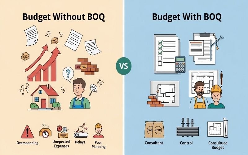 Infographic showing Budget Without BOQ vs Budget With BOQ, highlighting overspending, delays, and poor planning compared to controlled budgeting—Why You Need Cost Estimation and BOQ services in Lahore.