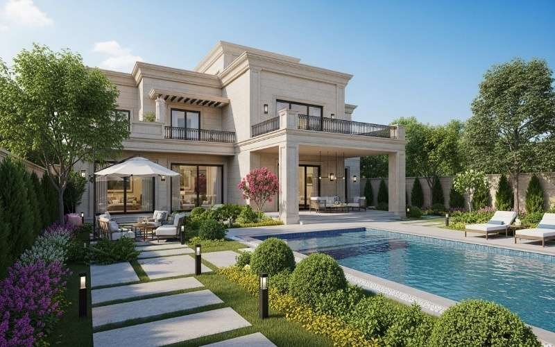 Elegant luxury villa with classic design, balcony, landscaped garden, and swimming pool representing the Best House Architecture Styles in Lahore Pakistan
