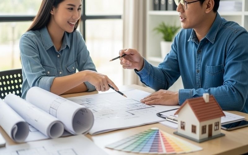 Architect and client discussing floor plans during an architectural consultation meeting for Architectural Consultation Services in Lahore